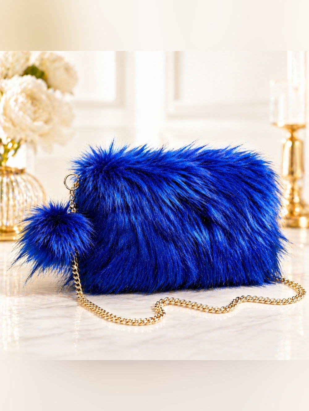 Natasha Couture Navy Blue Faux Fur Clutch Crossbody Purse Gold Chain & Pom Pom